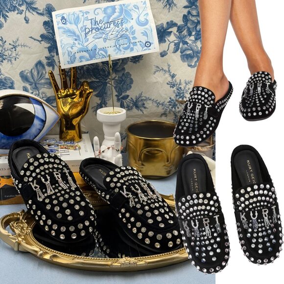 🆕 KURT GEIGER LONDON 🧿 NWOB Kurt Crystal Slipper, Black Suede - Sz 37 US 7 - Picture 1 of 16